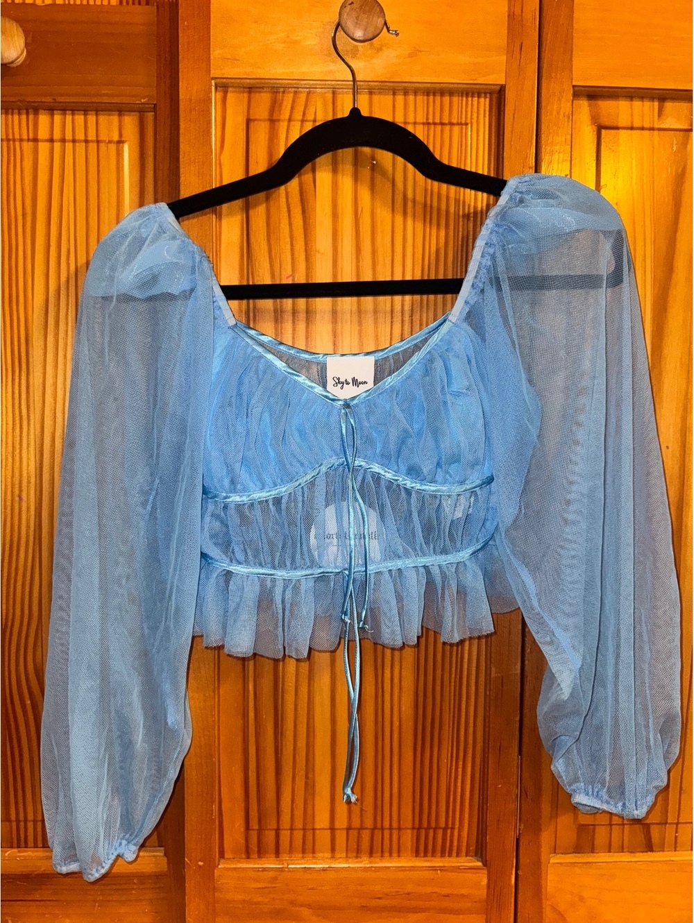 Sky to Moon blue sheer long sleeve crop top